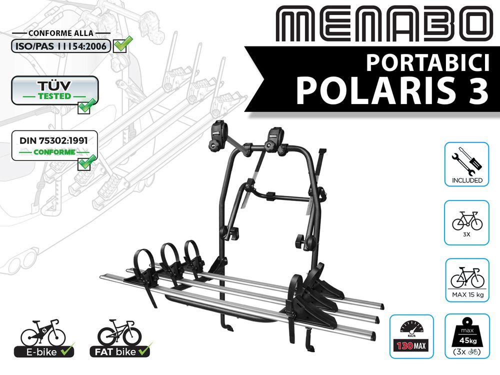 PORTABICI POSTERIORE MENABO POLARIS 3 ACCIAIO SILVER PORTA 3 BICI - Foto 1 di 3