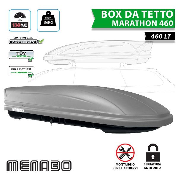 BOX BAULE DA TETTO SHUTTLE AEREODINAMICO PER AUTO MARATHON 460 LT SILVER MENABO